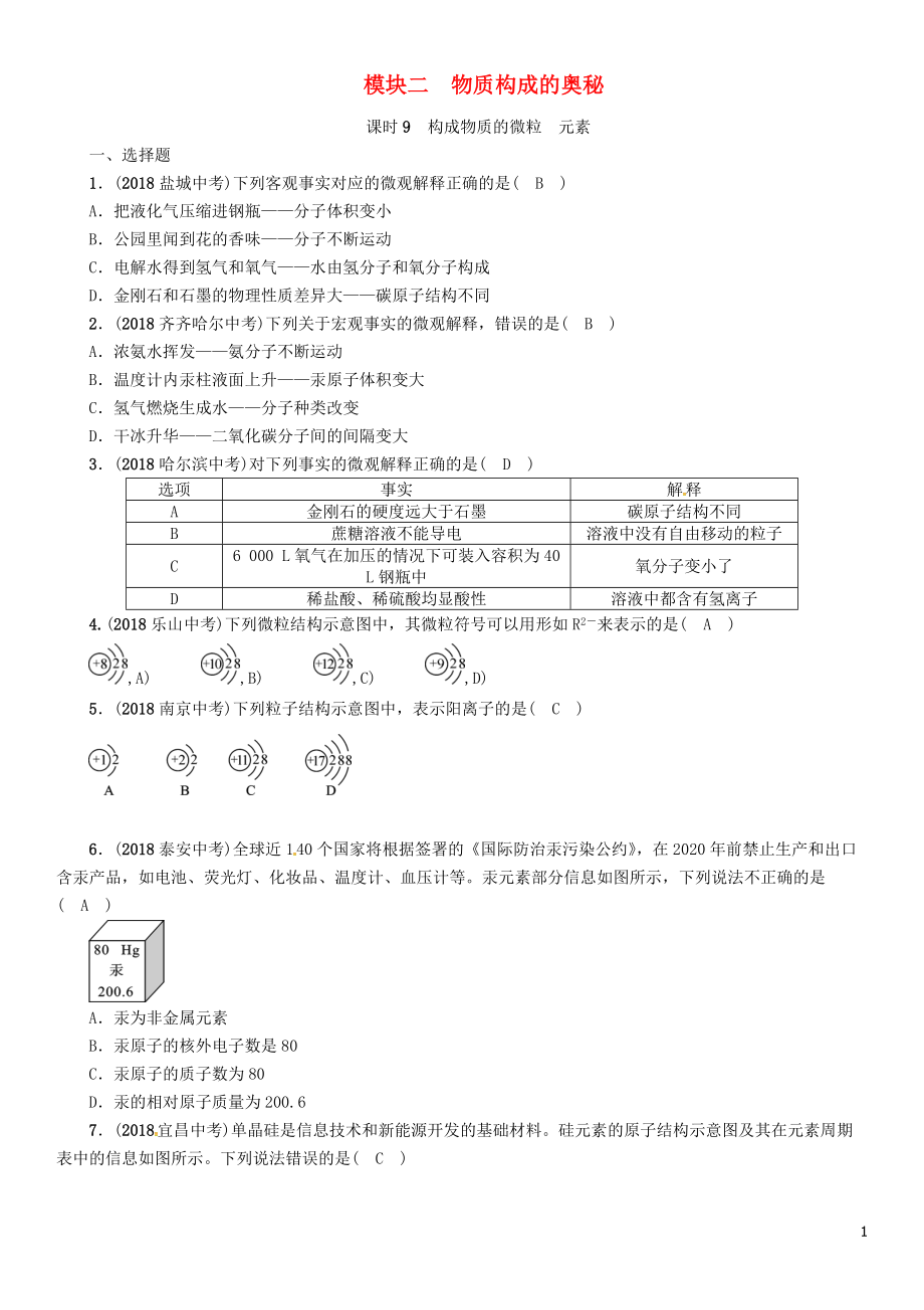 （貴陽(yáng)專版）2019年中考化學(xué)總復(fù)習(xí) 第1編 主題復(fù)習(xí) 模塊2 物質(zhì)構(gòu)成的奧秘 課時(shí)9 構(gòu)成物質(zhì)的微粒 元素（精練）習(xí)題_第1頁(yè)