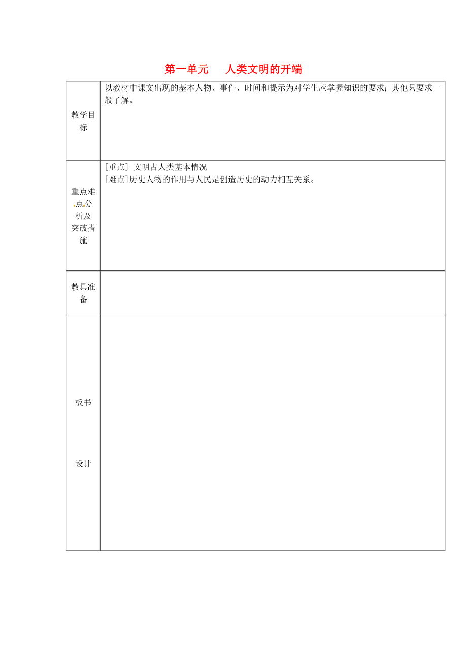 山東省龍口市諸由觀鎮(zhèn)諸由中學九年級歷史上冊 第一單元 人類文明的開端教案 新人教版_第1頁