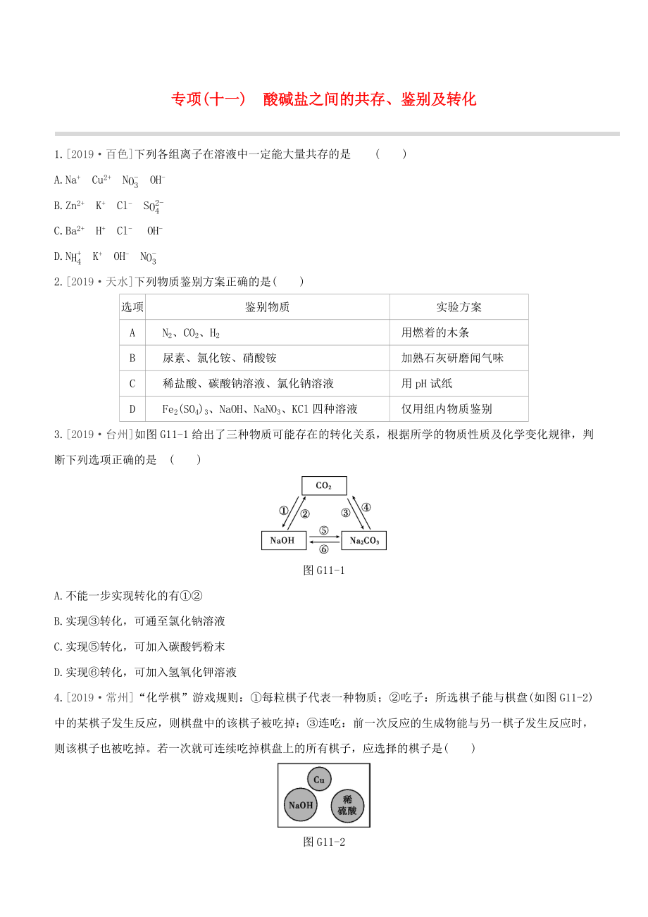 （江西專版）2020中考化學(xué)復(fù)習(xí)方案 專項11 酸堿鹽之間的共存、鑒別及轉(zhuǎn)化試題_第1頁