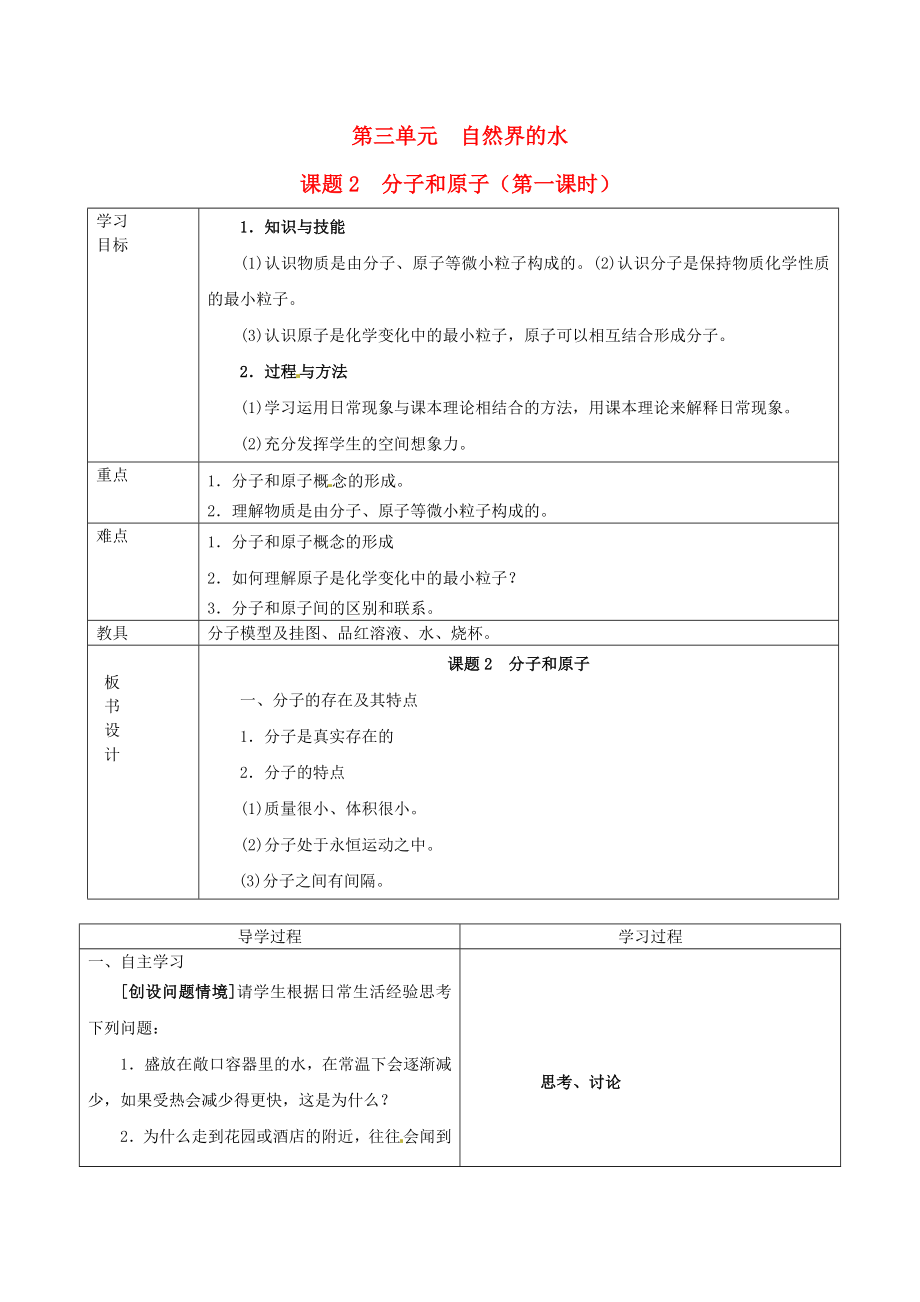 山東省郯城縣郯城街道初級(jí)中學(xué)九年級(jí)化學(xué)上冊(cè) 第三單元 自然界的水 課題2 分子和原子學(xué)案1（無(wú)答案） 新人教版_第1頁(yè)