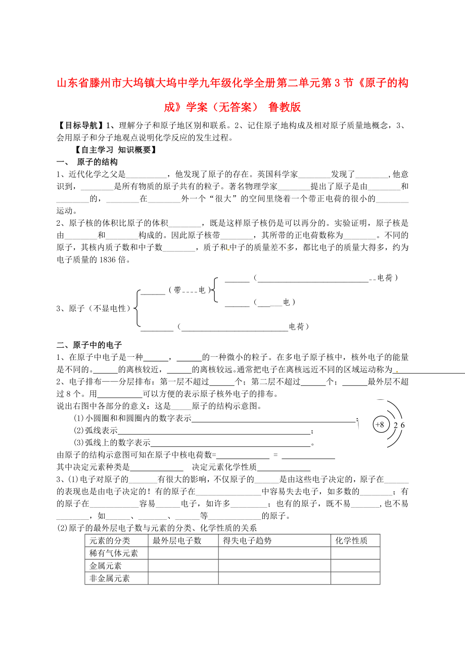 山東省滕州市大塢鎮(zhèn)大塢中學(xué)九年級(jí)化學(xué)全冊(cè) 第二單元 第3節(jié)《原子的構(gòu)成》學(xué)案（無答案） 魯教版_第1頁