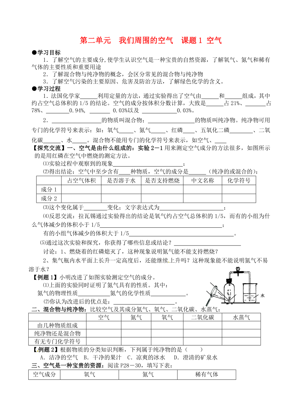 山東省郯城縣郯城街道初級(jí)中學(xué)九年級(jí)化學(xué)上冊(cè) 第二單元 我們周圍的空氣 課題1 空氣學(xué)案1（無答案） 新人教版_第1頁