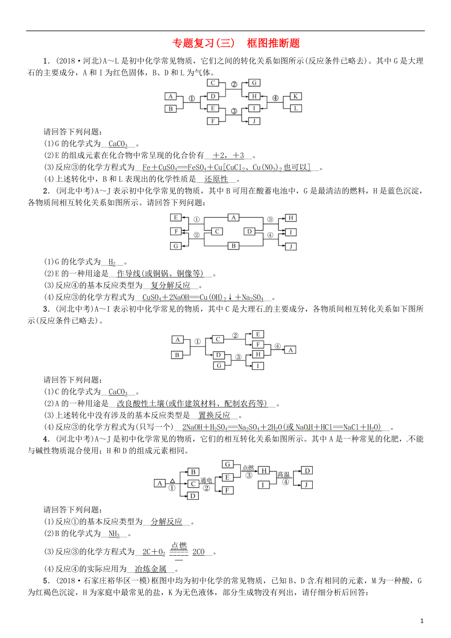 河北省2018年秋九年級(jí)化學(xué)下冊(cè) 專題復(fù)習(xí)（三）框圖推斷題習(xí)題 （新版）新人教版_第1頁