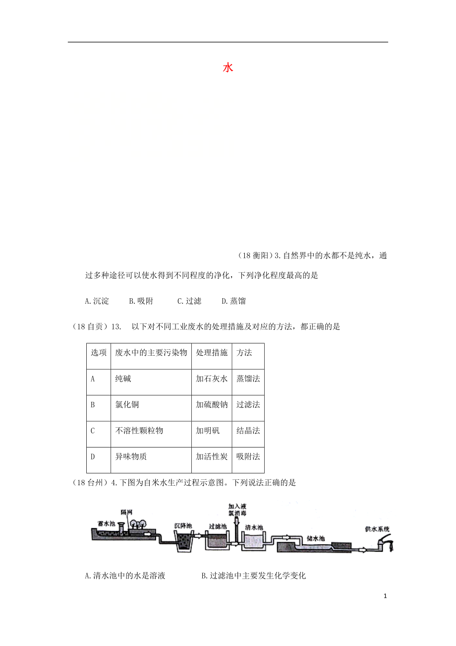 2018年中考化學真題分類匯編 2 我們身邊的物質(zhì) 考點11 水 2 凈化（無答案）_第1頁