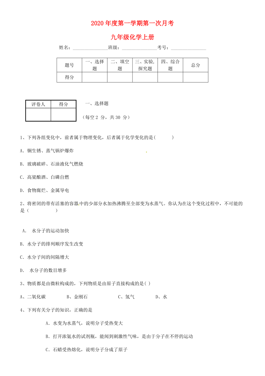 九年級(jí)化學(xué)第一次月考 魯教版（通用）_第1頁(yè)