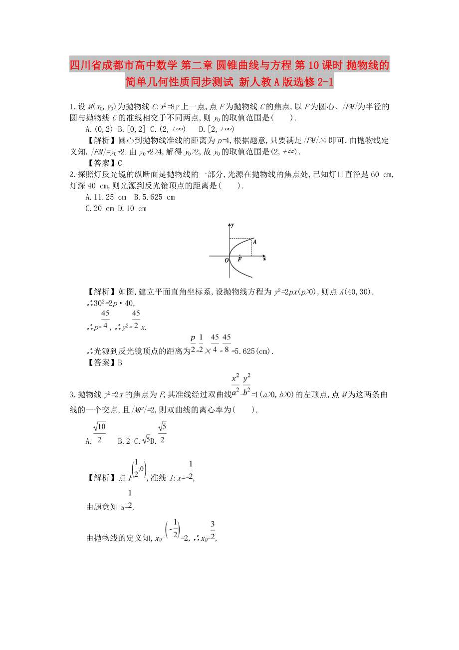 四川省成都市高中數(shù)學(xué) 第二章 圓錐曲線與方程 第10課時(shí) 拋物線的簡單幾何性質(zhì)同步測(cè)試 新人教A版選修2-1_第1頁