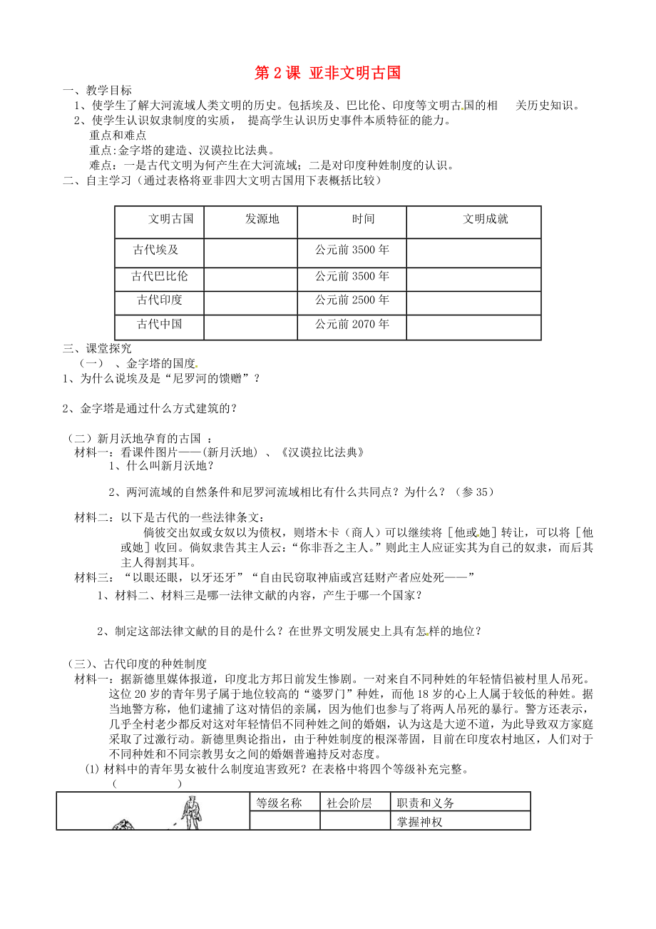 云南省昆明市富民县散单中学九年级历史上册《第2课 亚非文明古国》学案（无答案） 人教新课标版_第1页