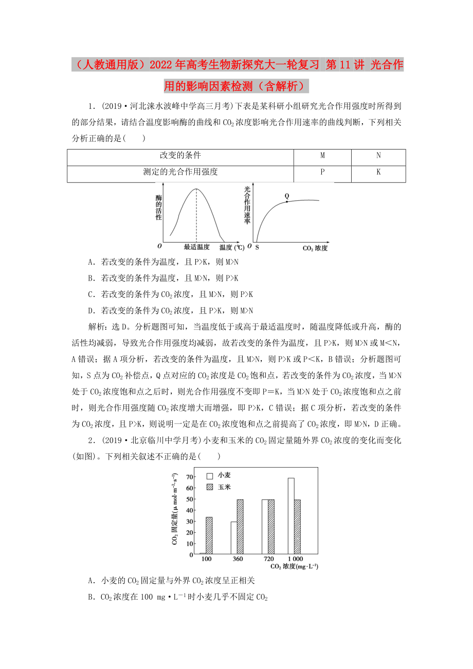 （人教通用版）2022年高考生物新探究大一輪復(fù)習(xí) 第11講 光合作用的影響因素檢測（含解析）_第1頁