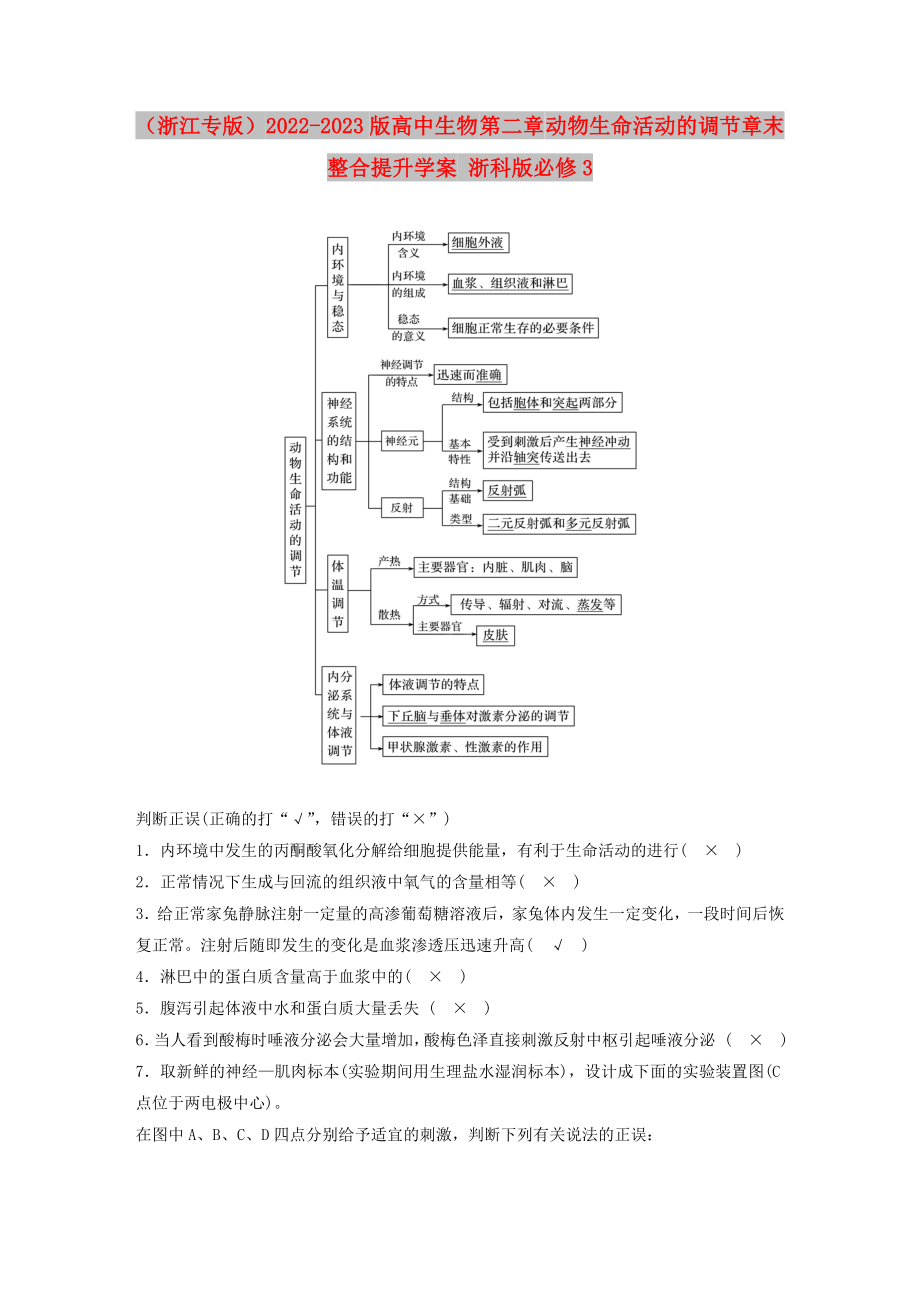 （浙江专版）2022-2023版高中生物 第二章 动物生命活动的调节章末整合提升学案 浙科版必修3_第1页