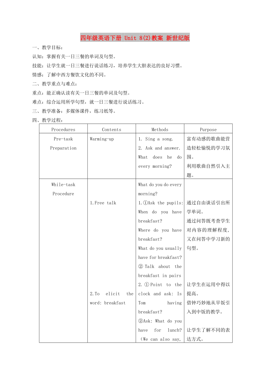 四年級英語下冊 Unit 8(2)教案 新世紀(jì)版_第1頁