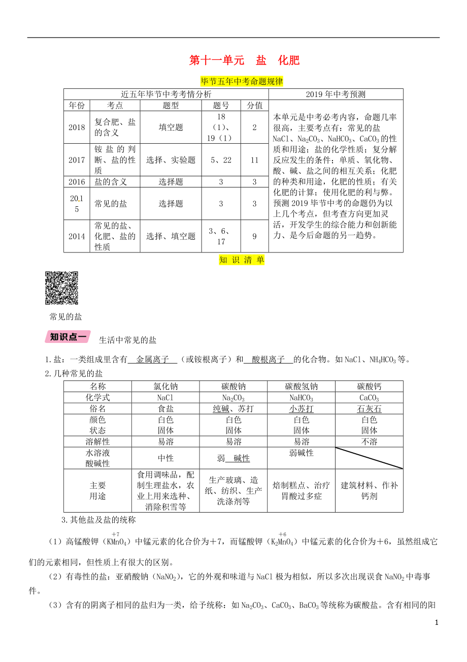 （畢節(jié)地區(qū)）2019年中考化學(xué)總復(fù)習(xí) 第1編 教材知識(shí)梳理篇 第11單元 鹽 化肥（精講）練習(xí)_第1頁(yè)