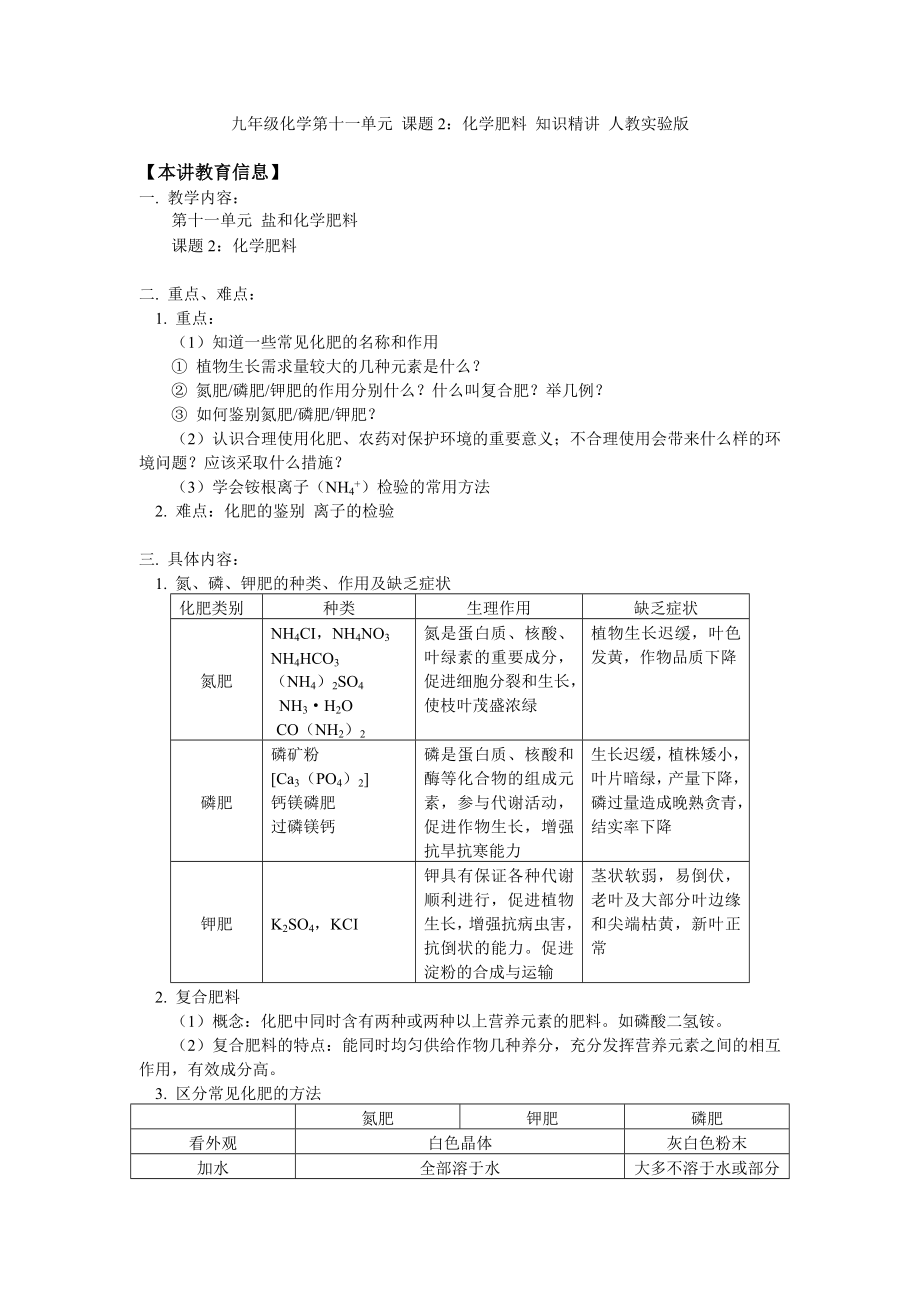 九年級化學(xué)第十一單元 課題2：化學(xué)肥料 知識精講 人教實驗版_第1頁