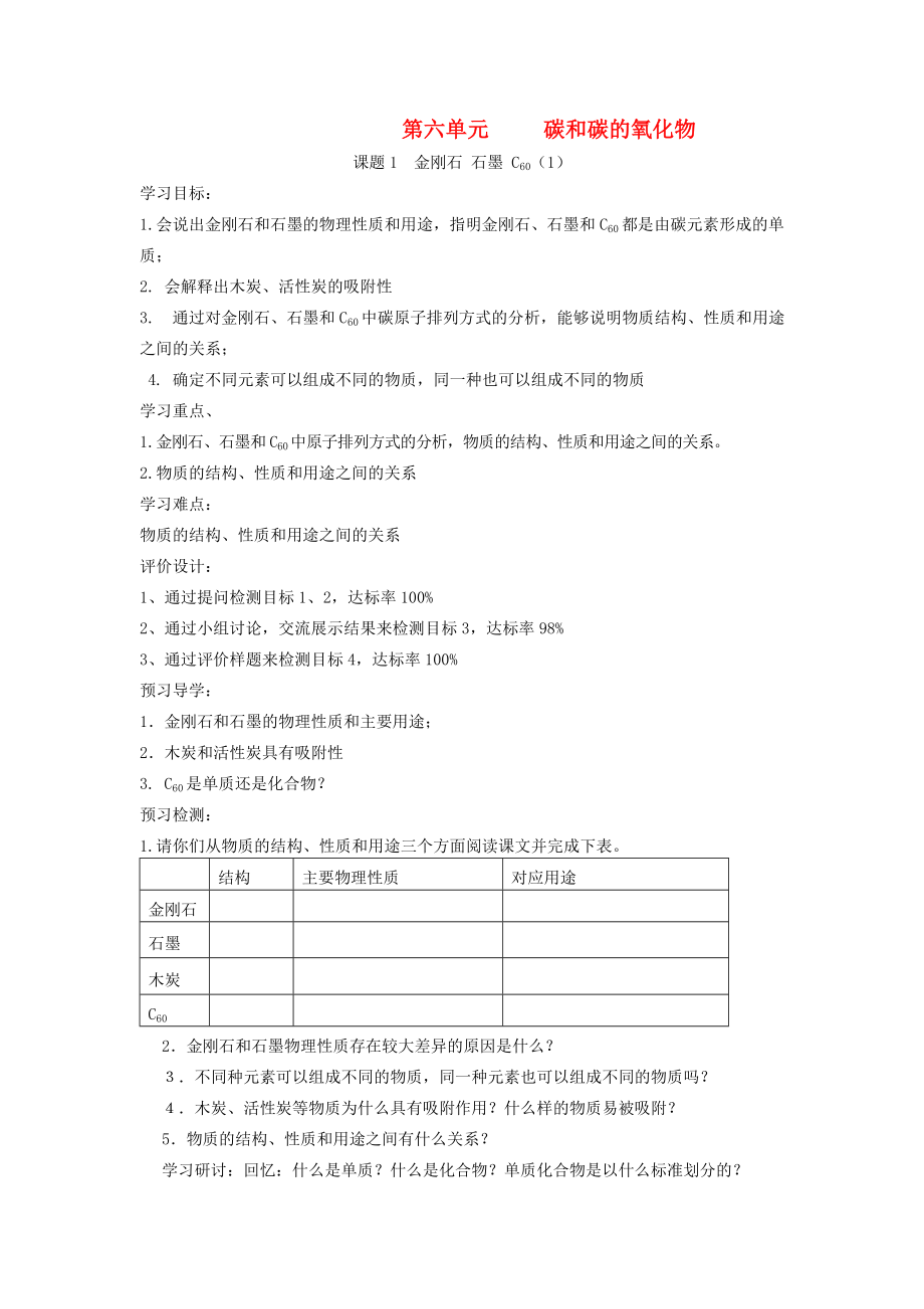 廣東省九連中學(xué)2020年秋九年級化學(xué)上冊 第六單元 碳和碳的氧化物學(xué)案（無答案） 新人教版_第1頁