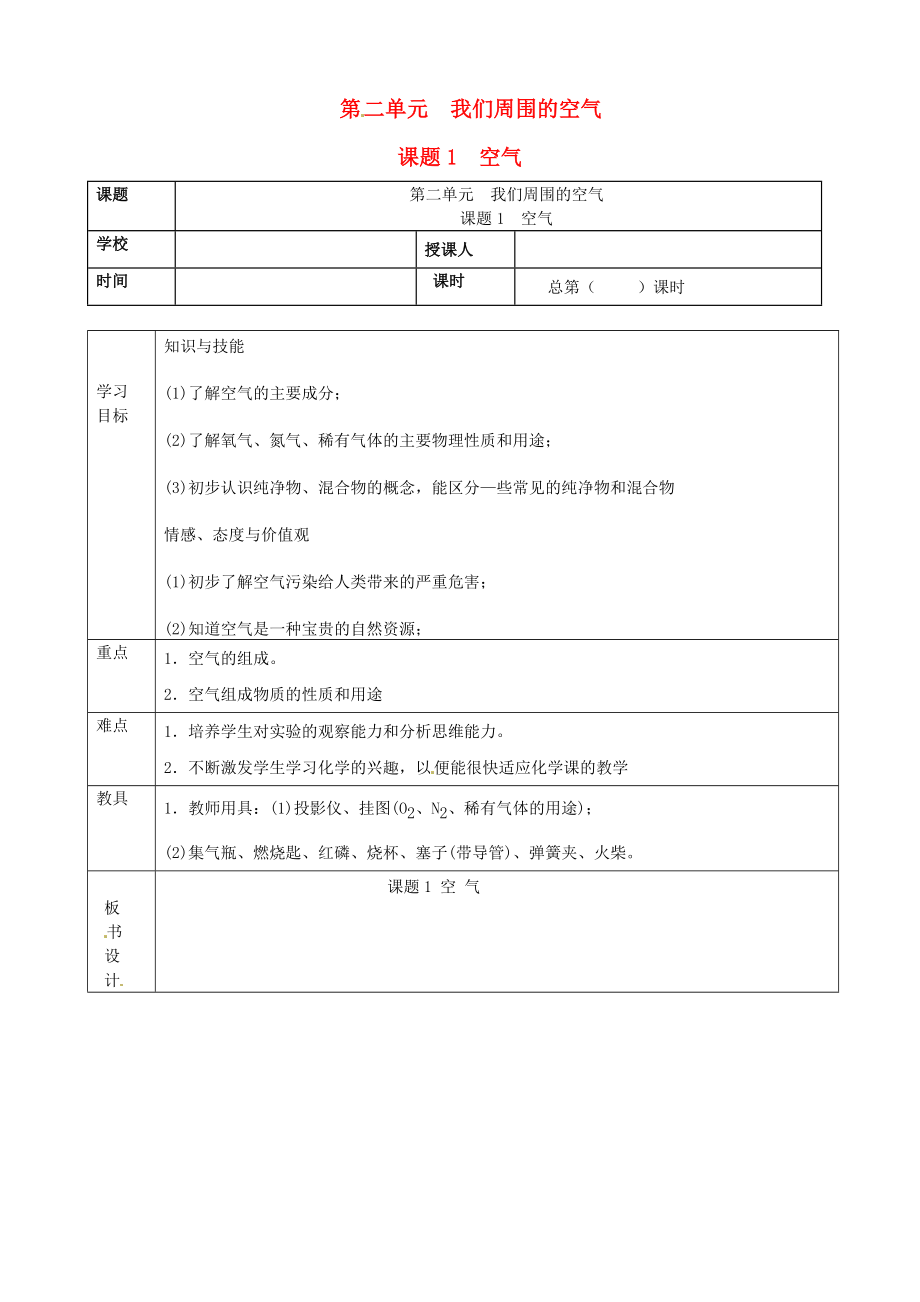 山東省郯城縣郯城街道初級中學九年級化學上冊 第二單元 我們周圍的空氣 課題1 空氣學案2（無答案） 新人教版_第1頁