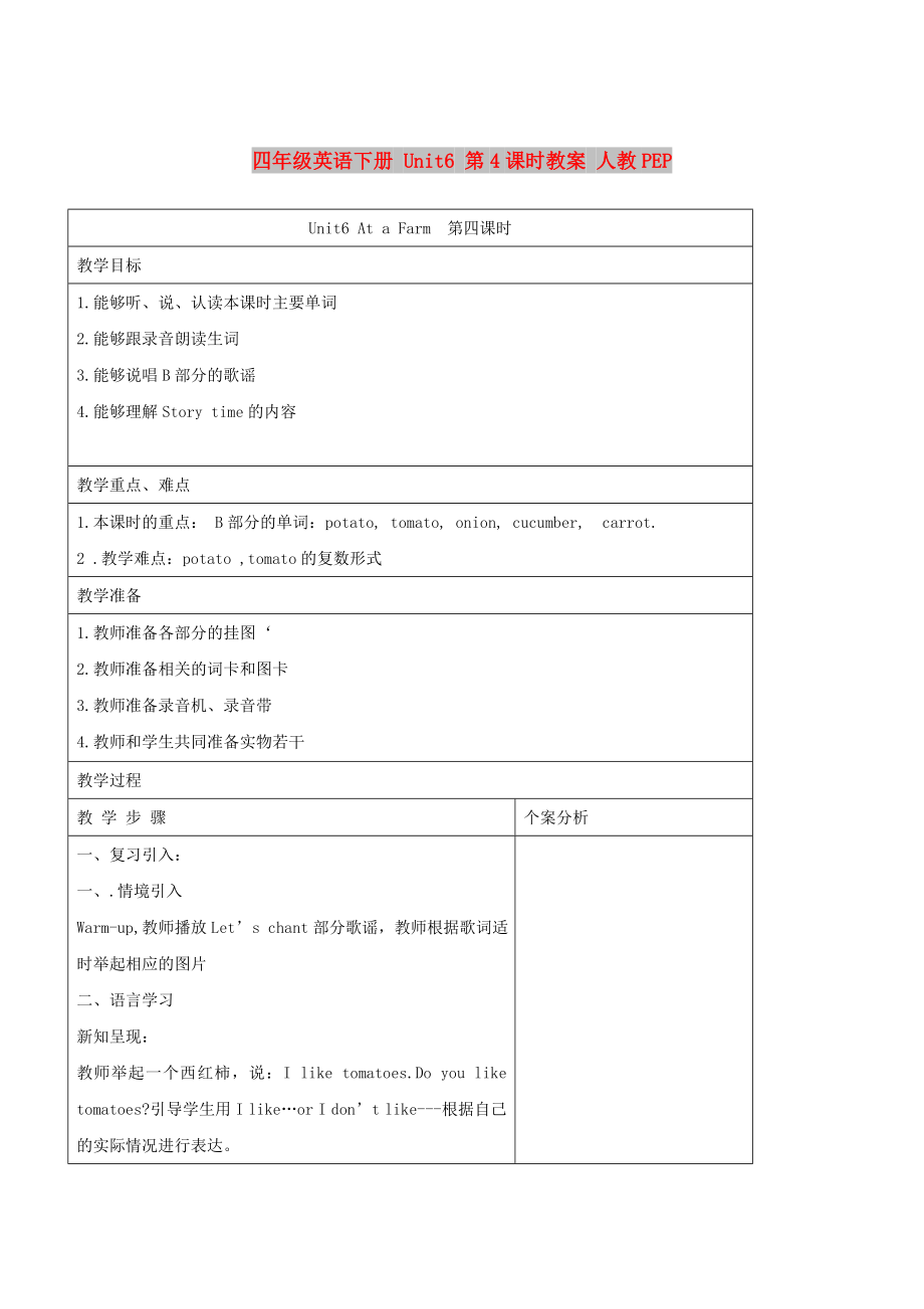 四年級(jí)英語(yǔ)下冊(cè) Unit6 第4課時(shí)教案 人教PEP_第1頁(yè)