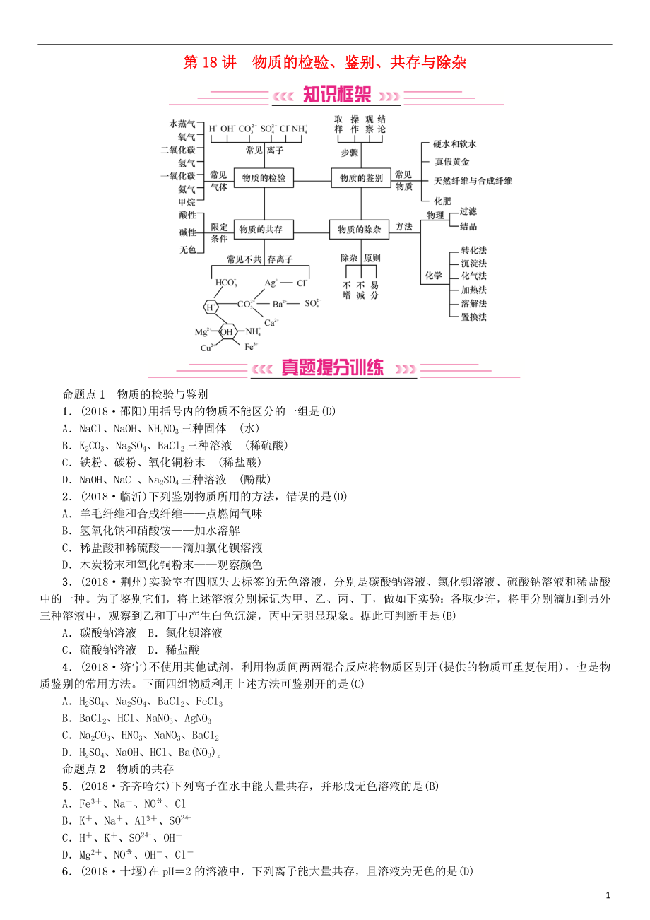 2019年中考化學(xué)復(fù)習(xí) 主題五 科學(xué)探究 第18講 物質(zhì)的檢驗(yàn)、鑒別、共存與除雜專(zhuān)題練習(xí)_第1頁(yè)