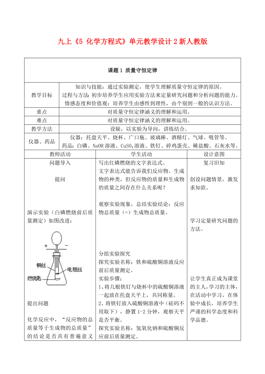 九年級化學上 5 化學方程式 單元教學設(shè)計2新人教版（通用）_第1頁