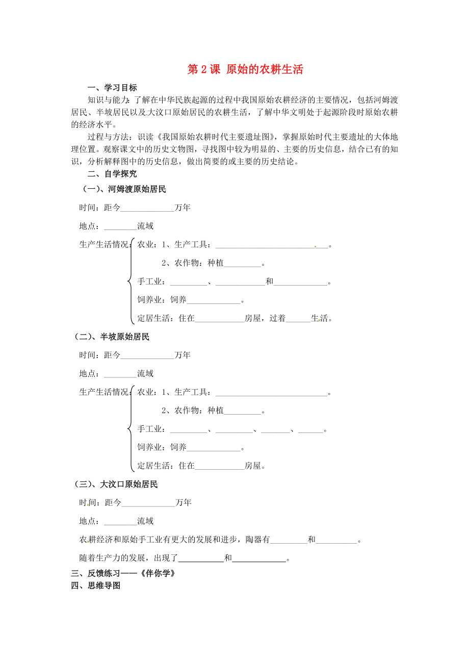 山東省煙臺市黃務(wù)中學(xué)七年級歷史上冊 第2課 原始的農(nóng)耕生活導(dǎo)學(xué)案（無答案）（新版）新人教版_第1頁