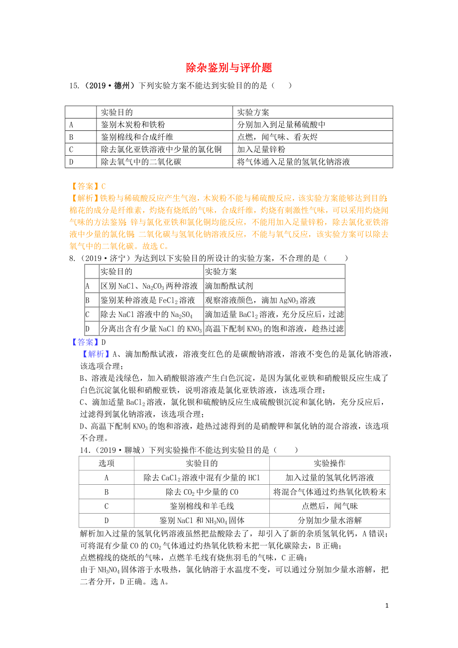 山東省2019年中考化學(xué)試題匯編 除雜鑒別與評(píng)價(jià)題（含解析）_第1頁