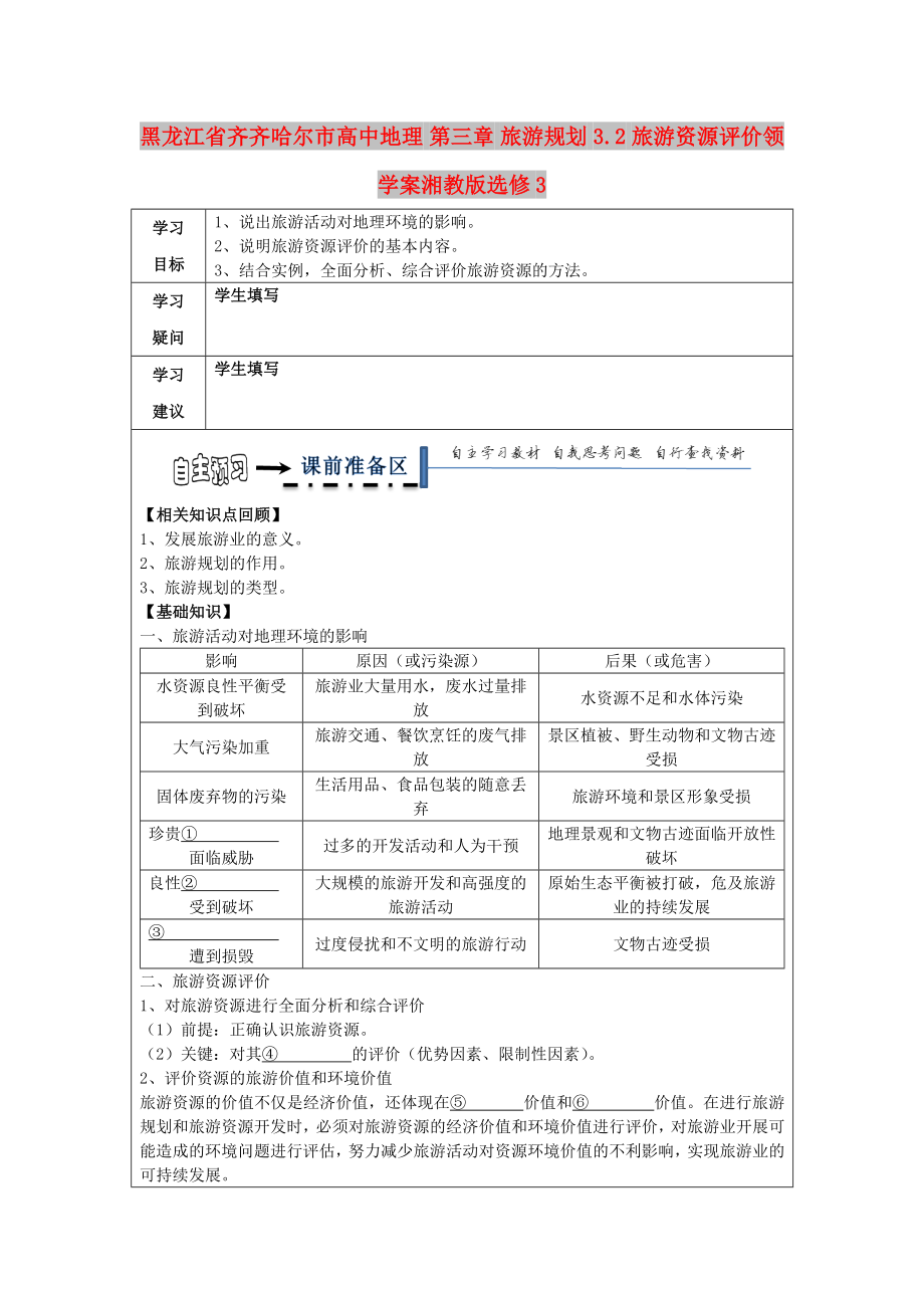 黑龍江省齊齊哈爾市高中地理 第三章 旅游規(guī)劃 3.2 旅游資源評(píng)價(jià)領(lǐng)學(xué)案湘教版選修3_第1頁(yè)