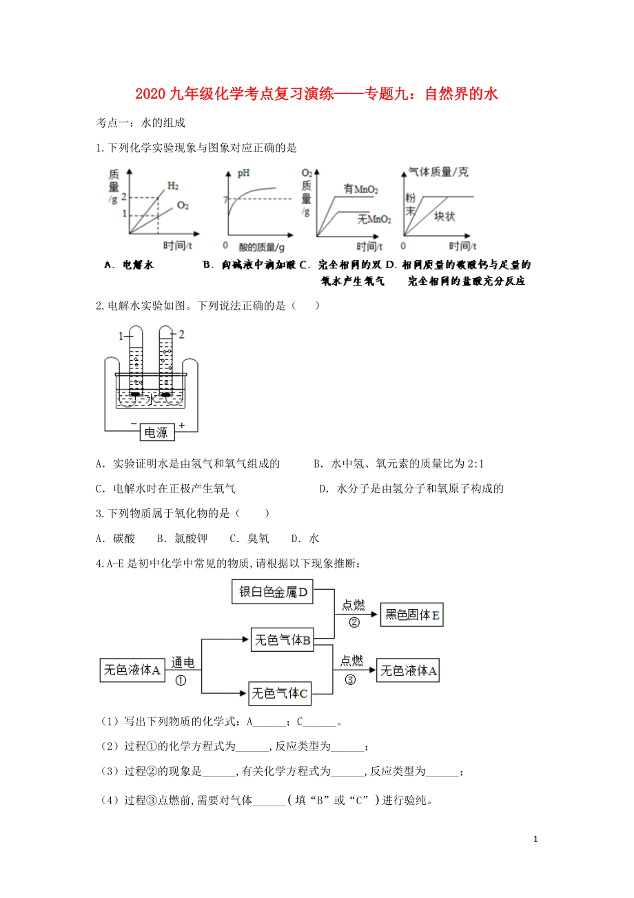 2020九年級(jí)化學(xué)考點(diǎn)復(fù)習(xí)演練 專題九 自然界的水試題_第1頁(yè)