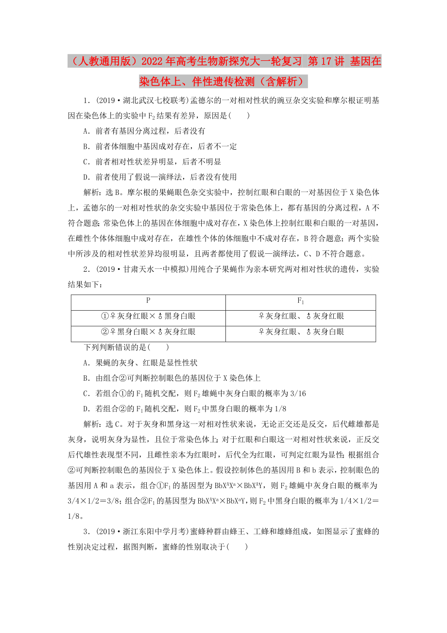 （人教通用版）2022年高考生物新探究大一輪復習 第17講 基因在染色體上、伴性遺傳檢測（含解析）_第1頁