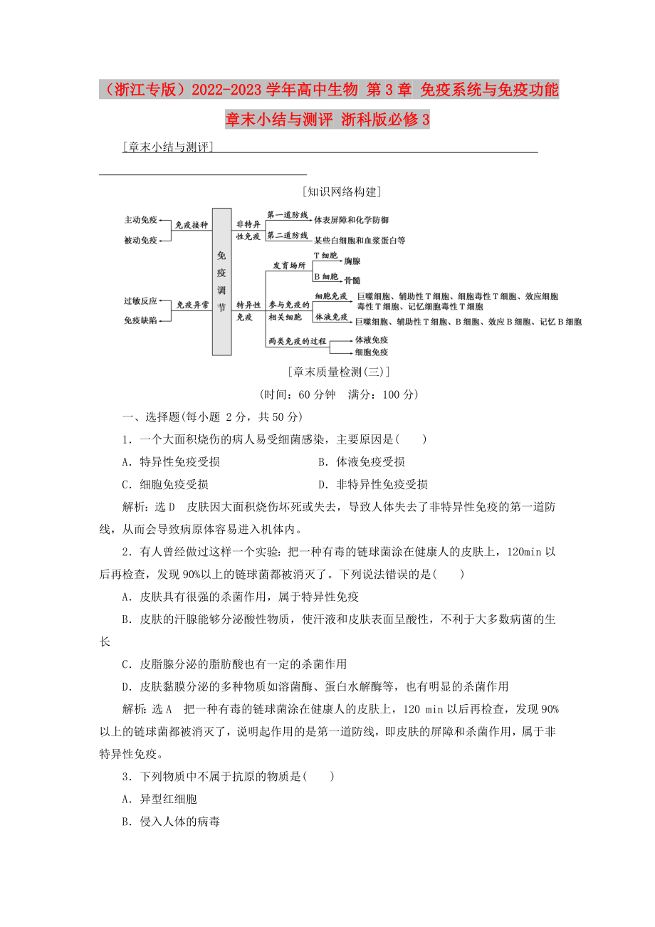 （浙江專版）2022-2023學(xué)年高中生物 第3章 免疫系統(tǒng)與免疫功能章末小結(jié)與測(cè)評(píng) 浙科版必修3_第1頁(yè)