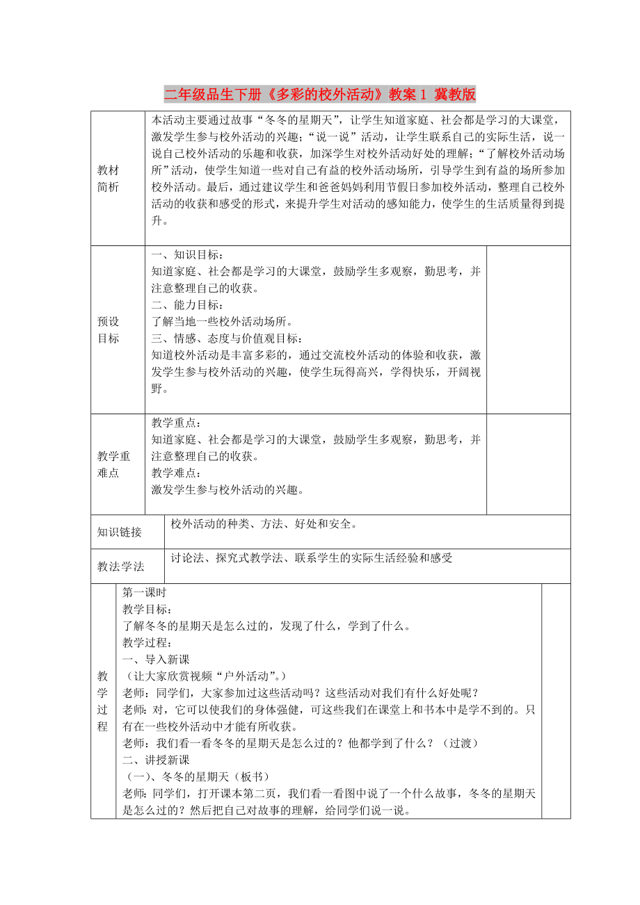 二年級(jí)品生下冊(cè)《多彩的校外活動(dòng)》教案1 冀教版_第1頁(yè)