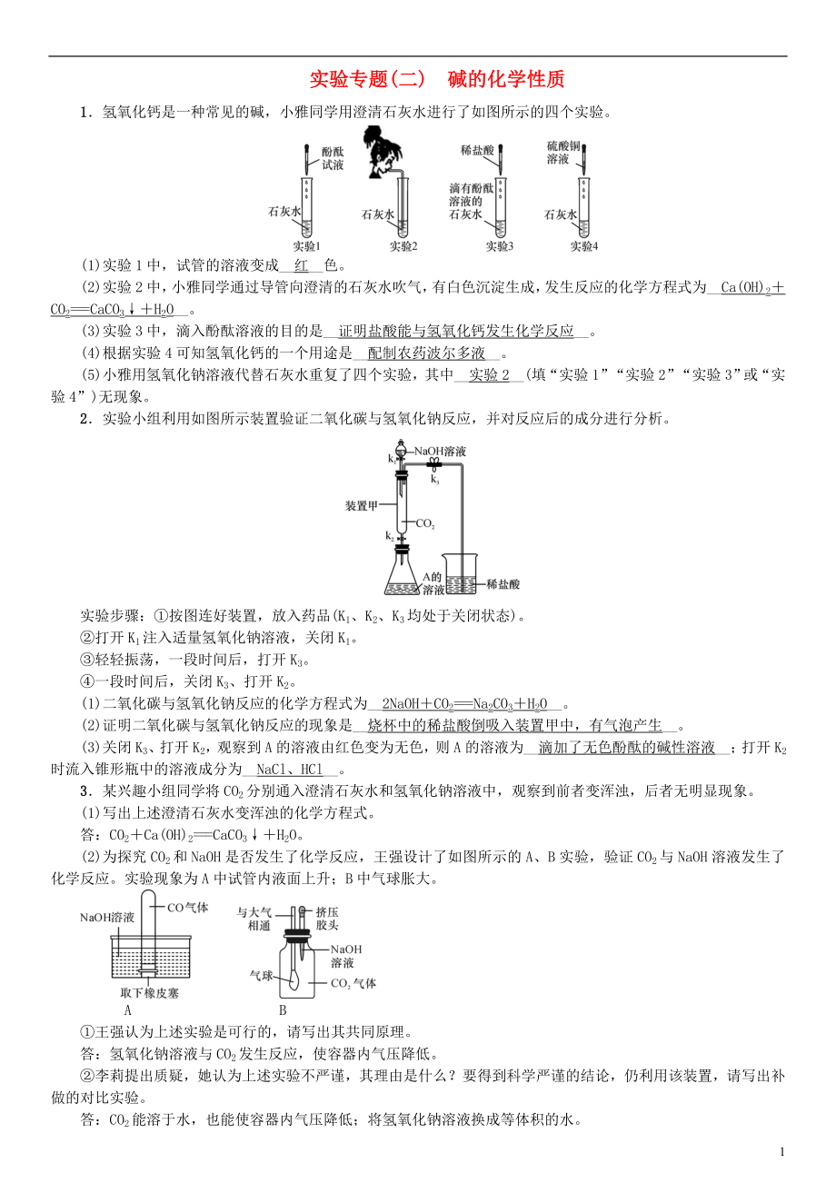 （河南專版）2018年秋九年級(jí)化學(xué)下冊(cè) 實(shí)驗(yàn)專題（二）堿的化學(xué)性質(zhì)習(xí)題 （新版）新人教版_第1頁(yè)