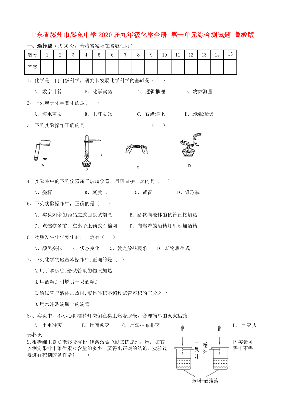 山東省滕州市滕東中學(xué)2020屆九年級(jí)化學(xué)全冊(cè) 第一單元綜合測試題（無答案） 魯教版_第1頁