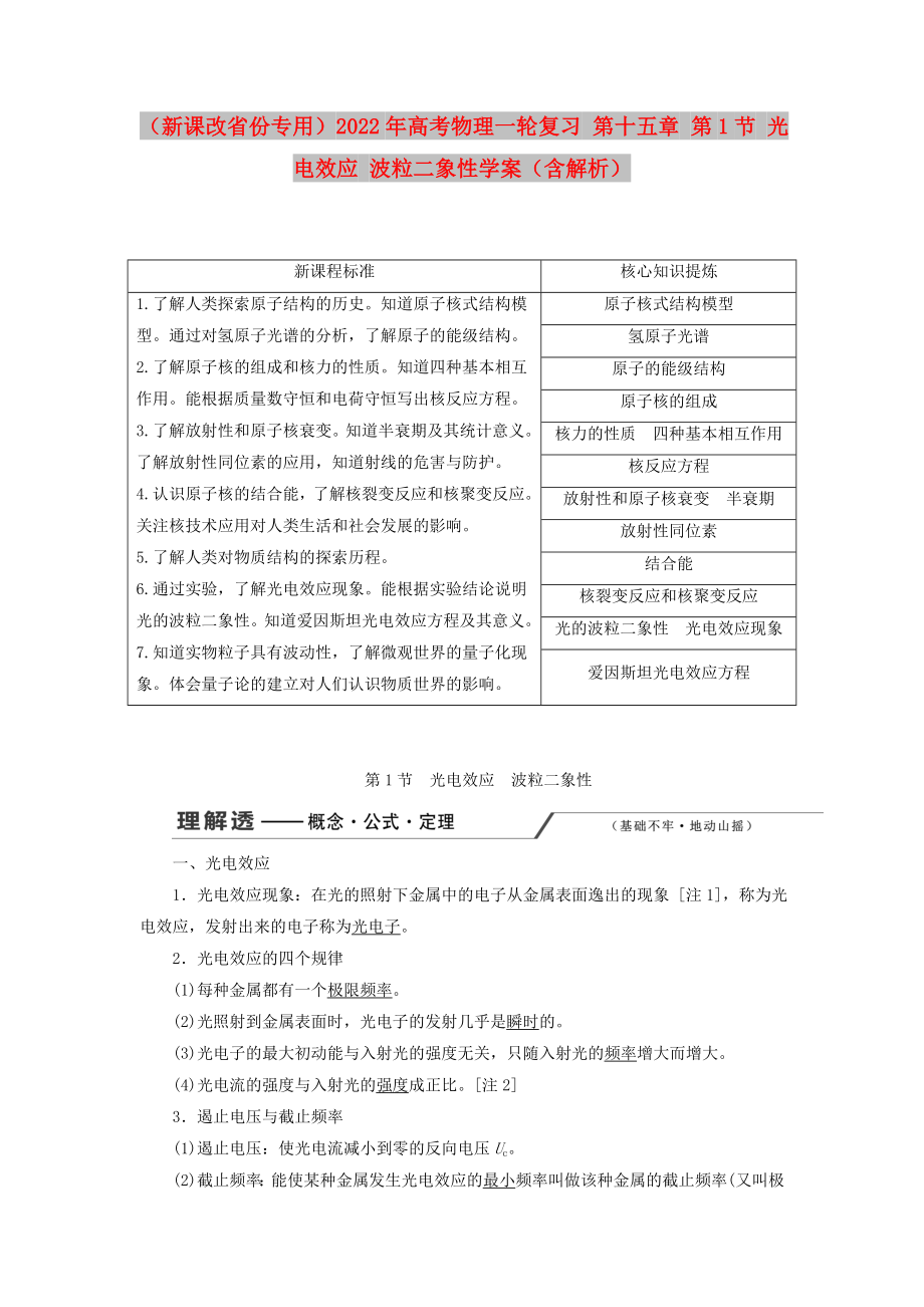 （新課改省份專(zhuān)用）2022年高考物理一輪復(fù)習(xí) 第十五章 第1節(jié) 光電效應(yīng) 波粒二象性學(xué)案（含解析）_第1頁(yè)