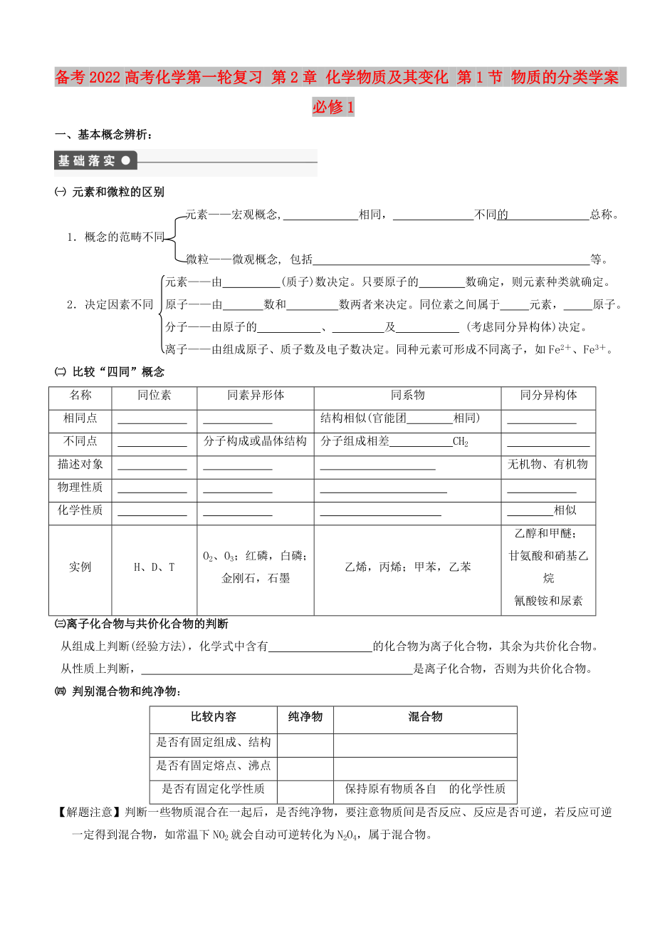 備考2022高考化學(xué)第一輪復(fù)習(xí) 第2章 化學(xué)物質(zhì)及其變化 第1節(jié) 物質(zhì)的分類學(xué)案 必修1_第1頁