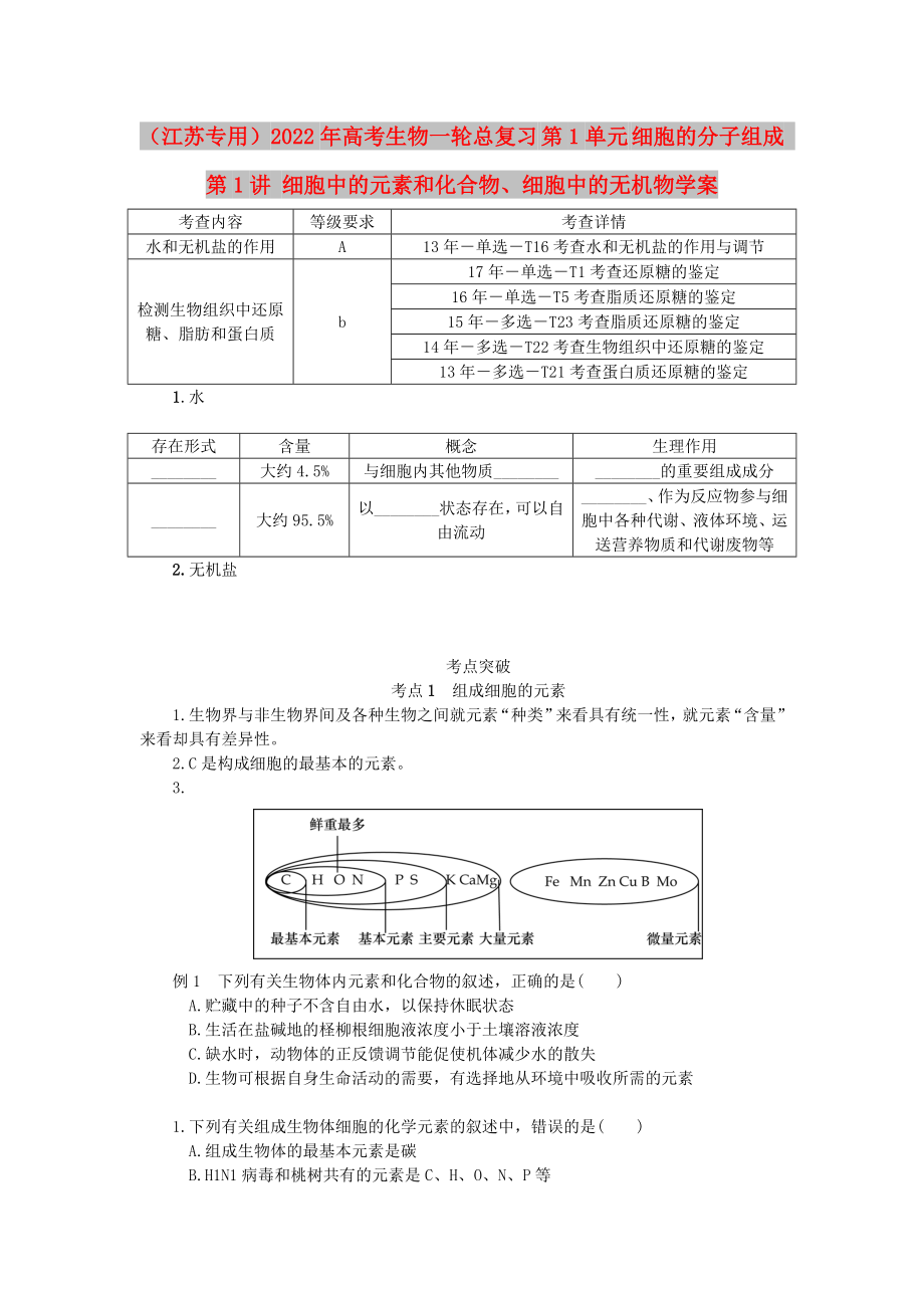 （江蘇專(zhuān)用）2022年高考生物一輪總復(fù)習(xí) 第1單元 細(xì)胞的分子組成 第1講 細(xì)胞中的元素和化合物、細(xì)胞中的無(wú)機(jī)物學(xué)案_第1頁(yè)