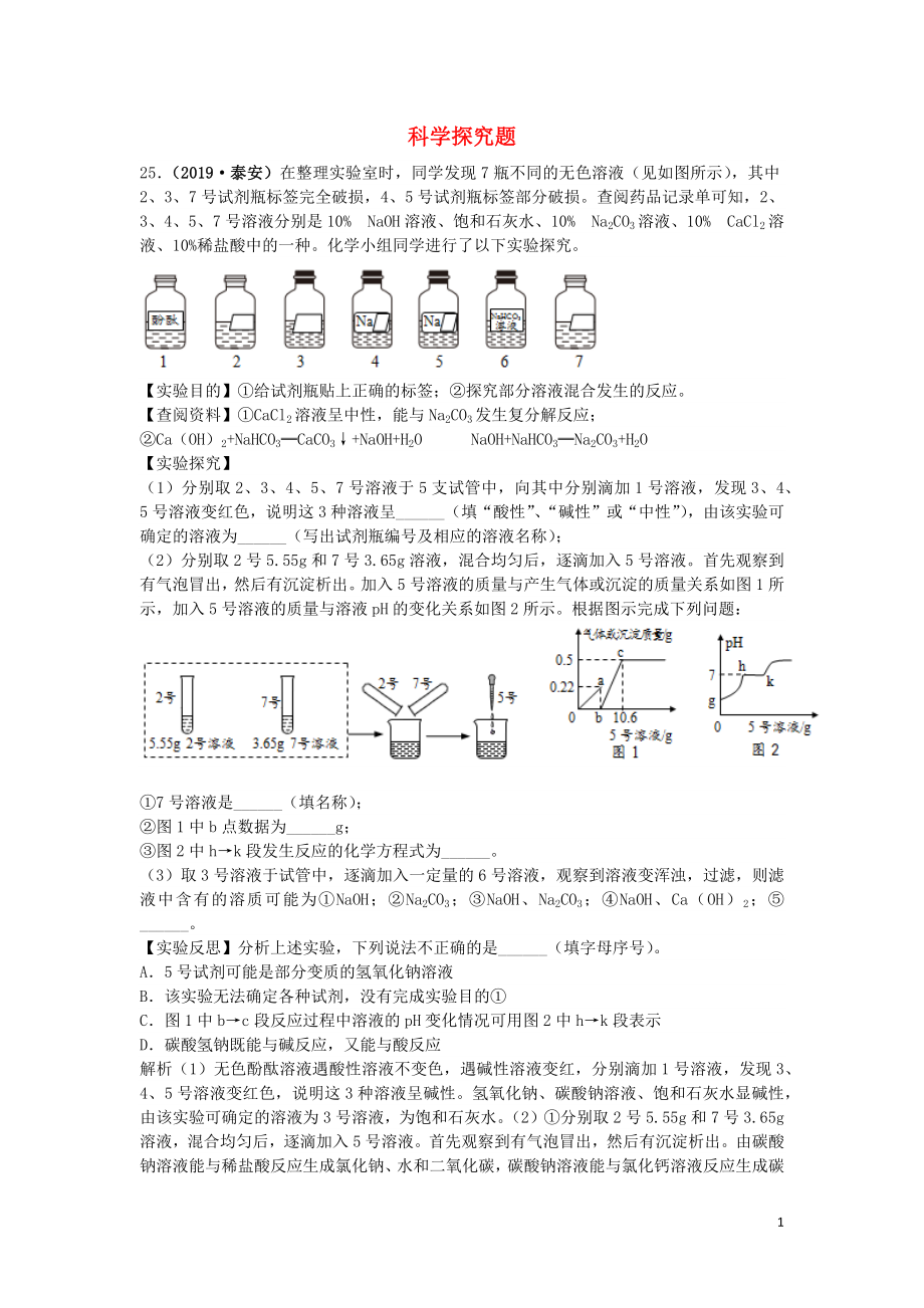 山東省2019年中考化學(xué)試題匯編 科學(xué)探究題（含解析）_第1頁(yè)