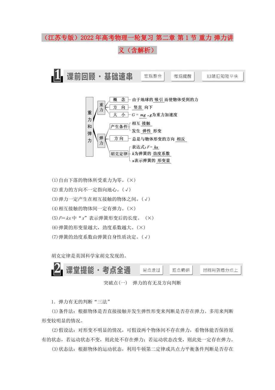 （江蘇專版）2022年高考物理一輪復(fù)習(xí) 第二章 第1節(jié) 重力 彈力講義（含解析）_第1頁