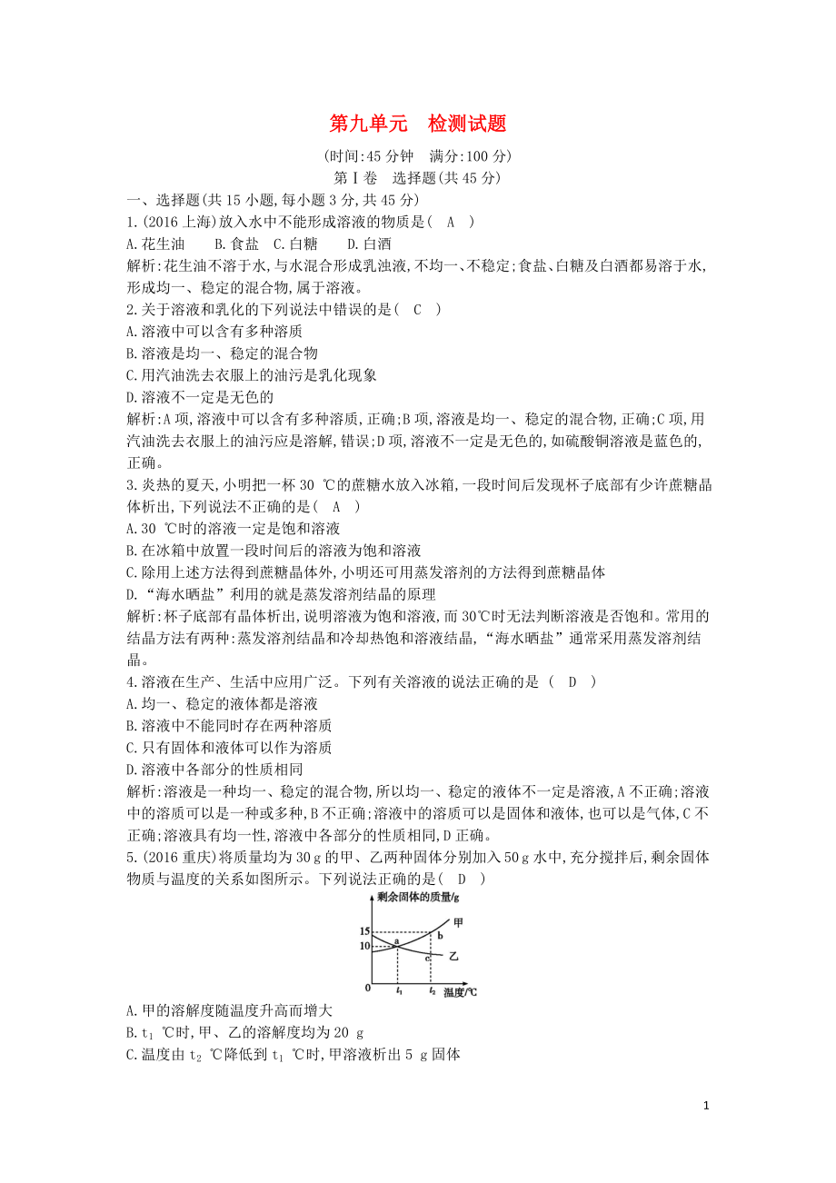 2018屆九年級化學(xué)下冊 第九單元 溶液檢測試題 （新版）新人教版_第1頁