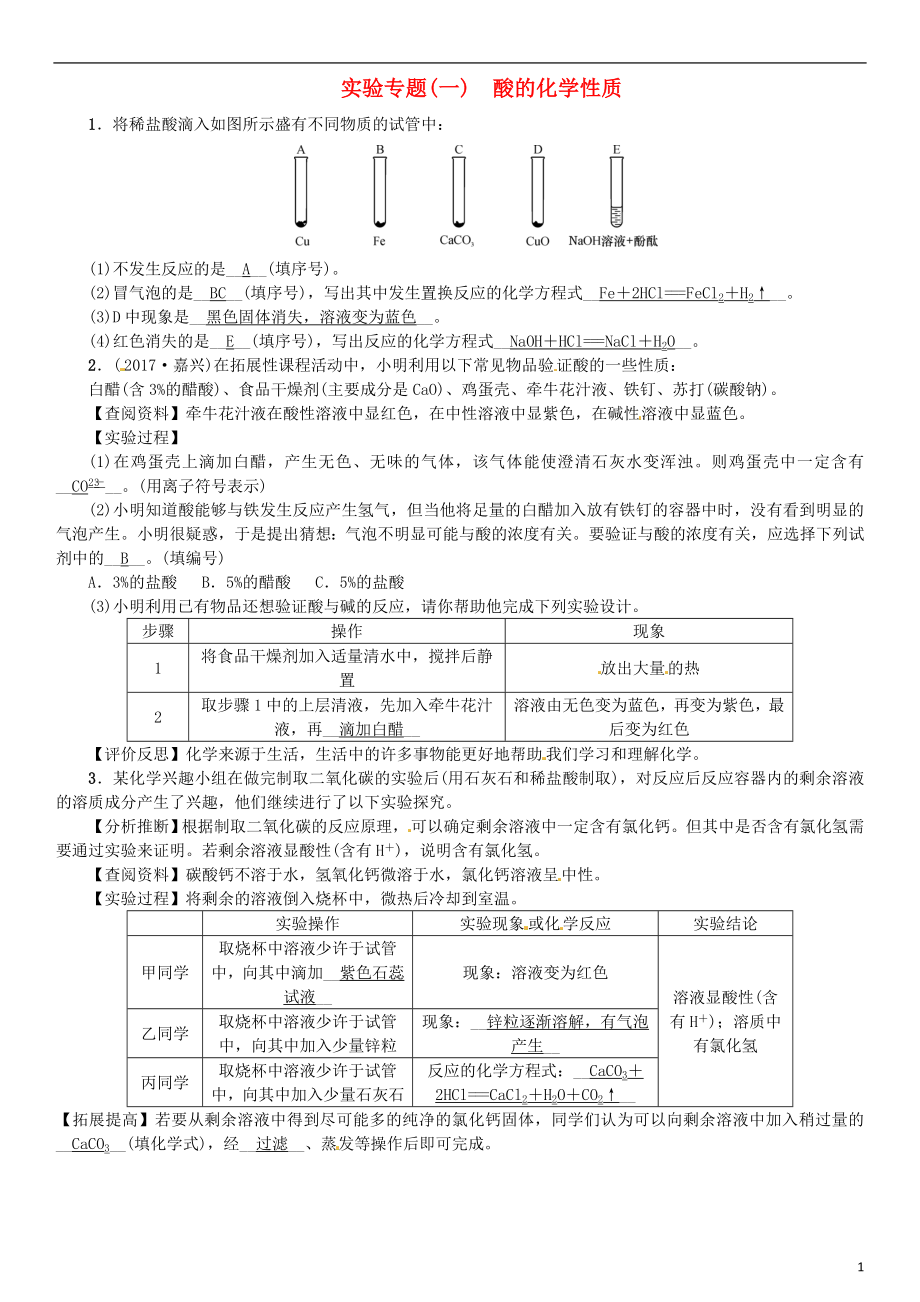 河北省2018年秋九年級(jí)化學(xué)下冊(cè) 第十單元 酸和堿 實(shí)驗(yàn)專題（一）酸的化學(xué)性質(zhì)習(xí)題 （新版）新人教版_第1頁(yè)