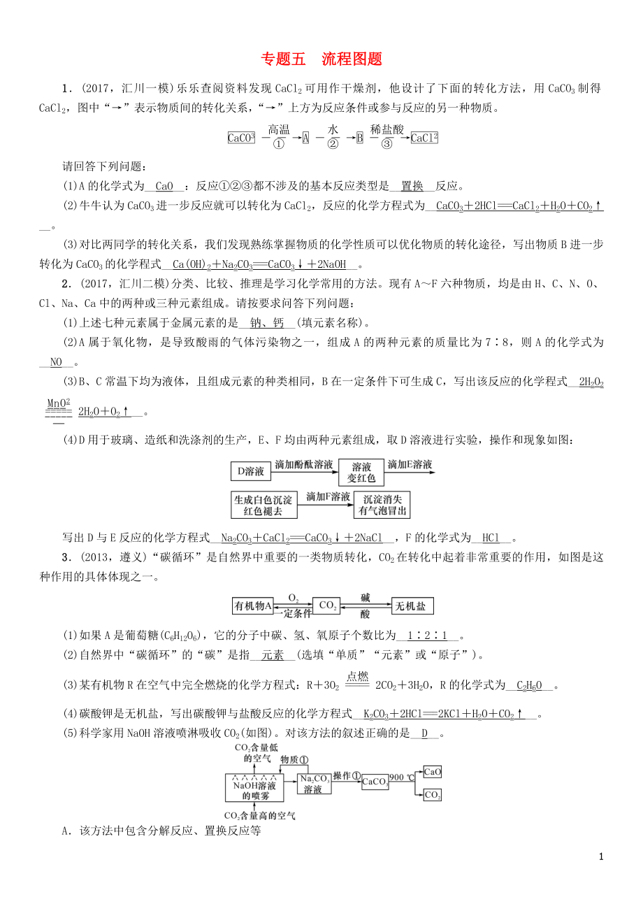 （遵义专版）2018中考化学总复习 第2编 重点题型突破篇 专题五 流程图题（精练）练习_第1页