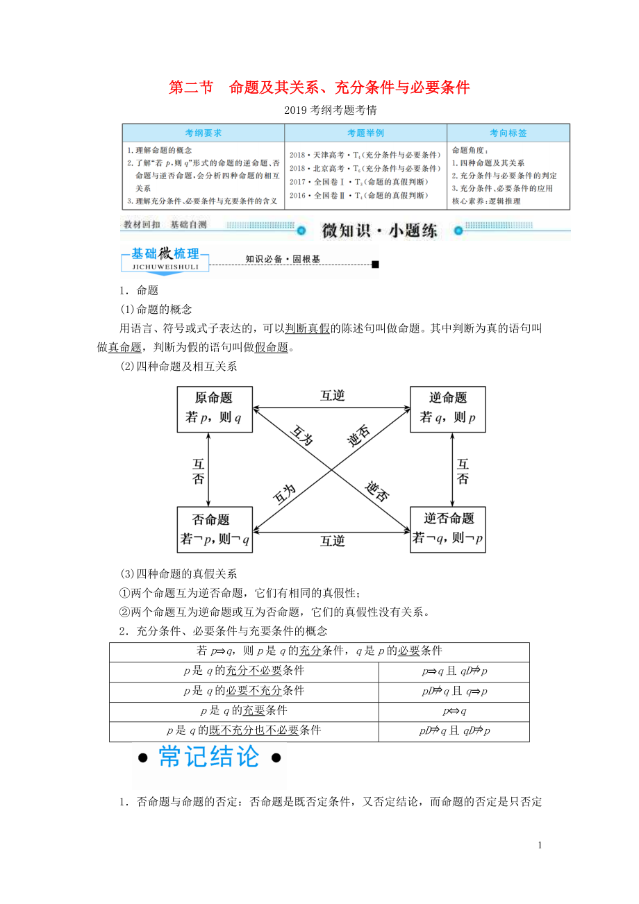 2020版高考数学一轮复习 第一章 集合与常用逻辑用语 第二节 命题及其关系、充分条件与必要条件学案 理（含解析）新人教A版_第1页