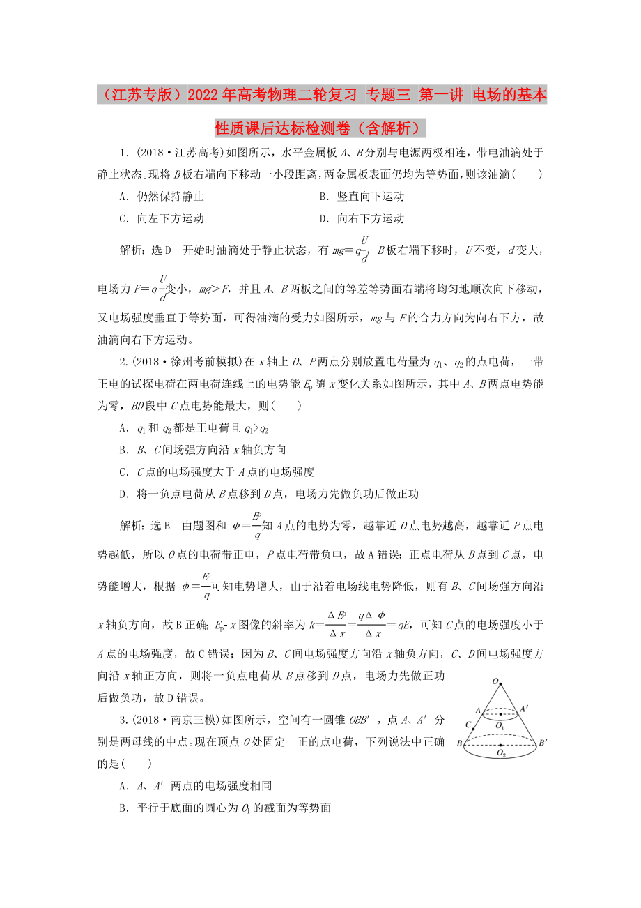 （江蘇專版）2022年高考物理二輪復(fù)習(xí) 專題三 第一講 電場的基本性質(zhì)課后達標(biāo)檢測卷（含解析）_第1頁