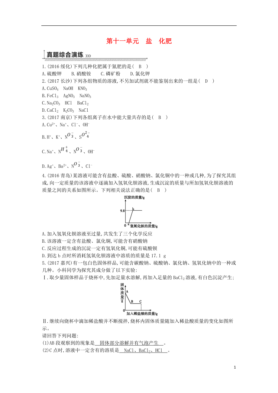 2018年九年級(jí)化學(xué)下冊(cè) 期末復(fù)習(xí) 綜合提升 第十一單元 鹽 化肥 （新版）新人教版_第1頁