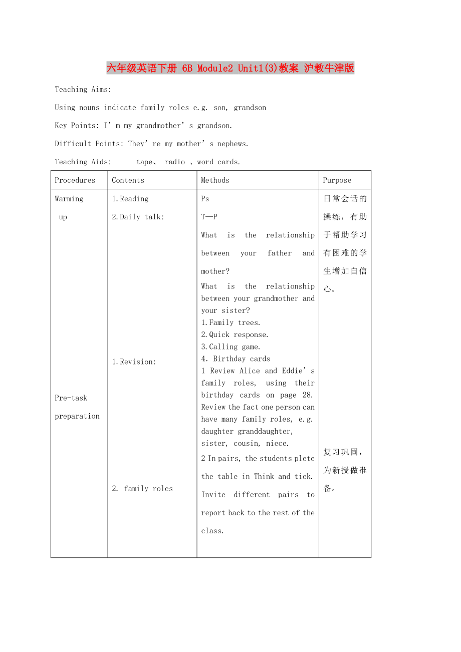 六年級英語下冊 6B Module2 Unit1(3)教案 滬教牛津版_第1頁