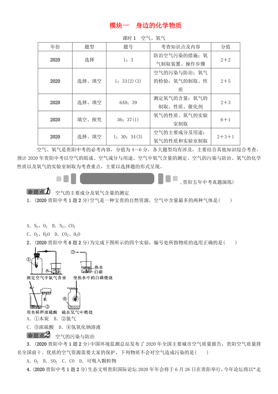 中考命題研究（貴陽(yáng)）2020中考化學(xué) 教材知識(shí)梳理 模塊一 身邊的化學(xué)物質(zhì) 課時(shí)1 空氣、氧氣（無(wú)答案）_第1頁(yè)