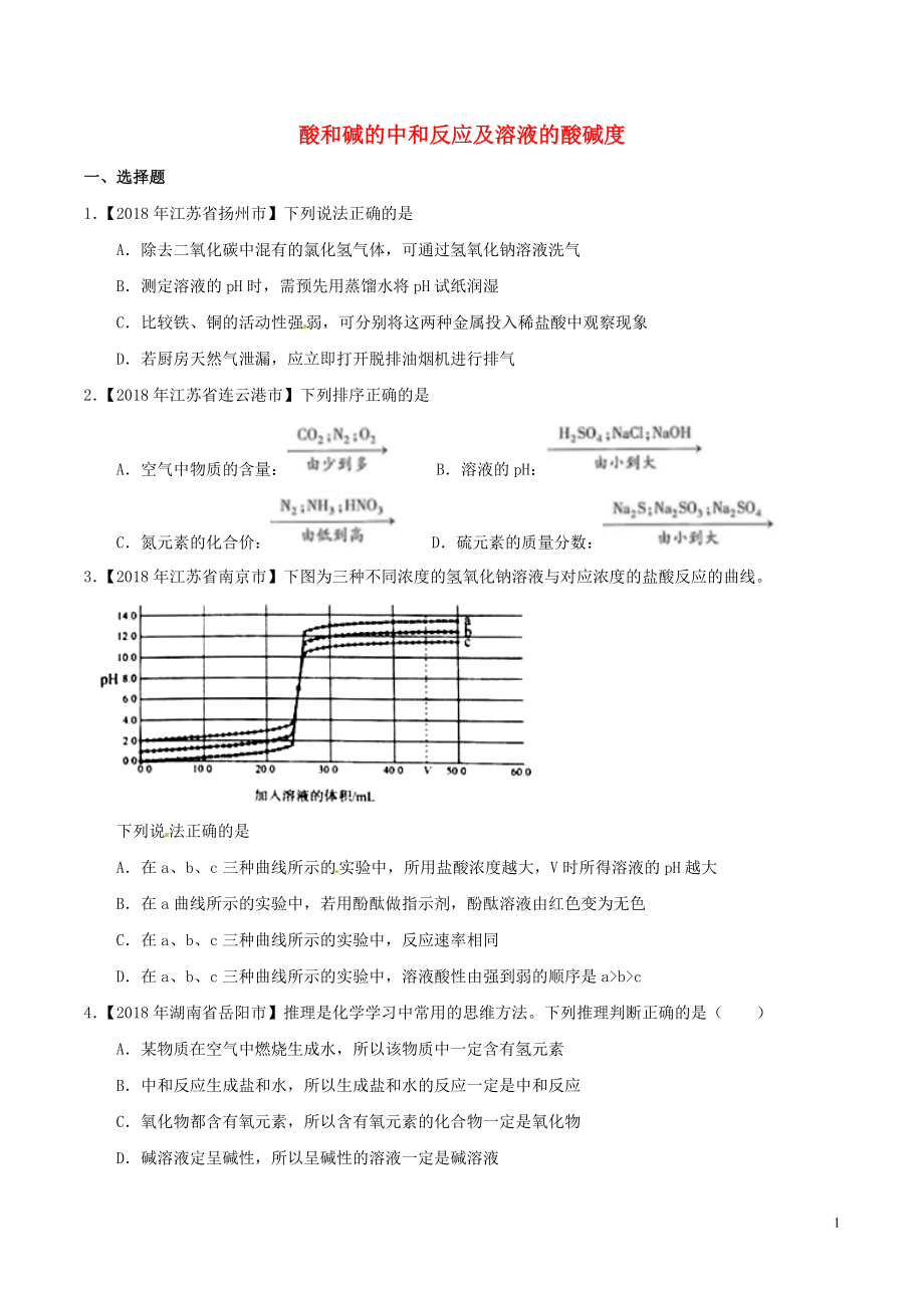 2018年中考化學(xué)知識分類練習(xí)卷 酸和堿的中和反應(yīng)及溶液的酸堿度（無答案）_第1頁