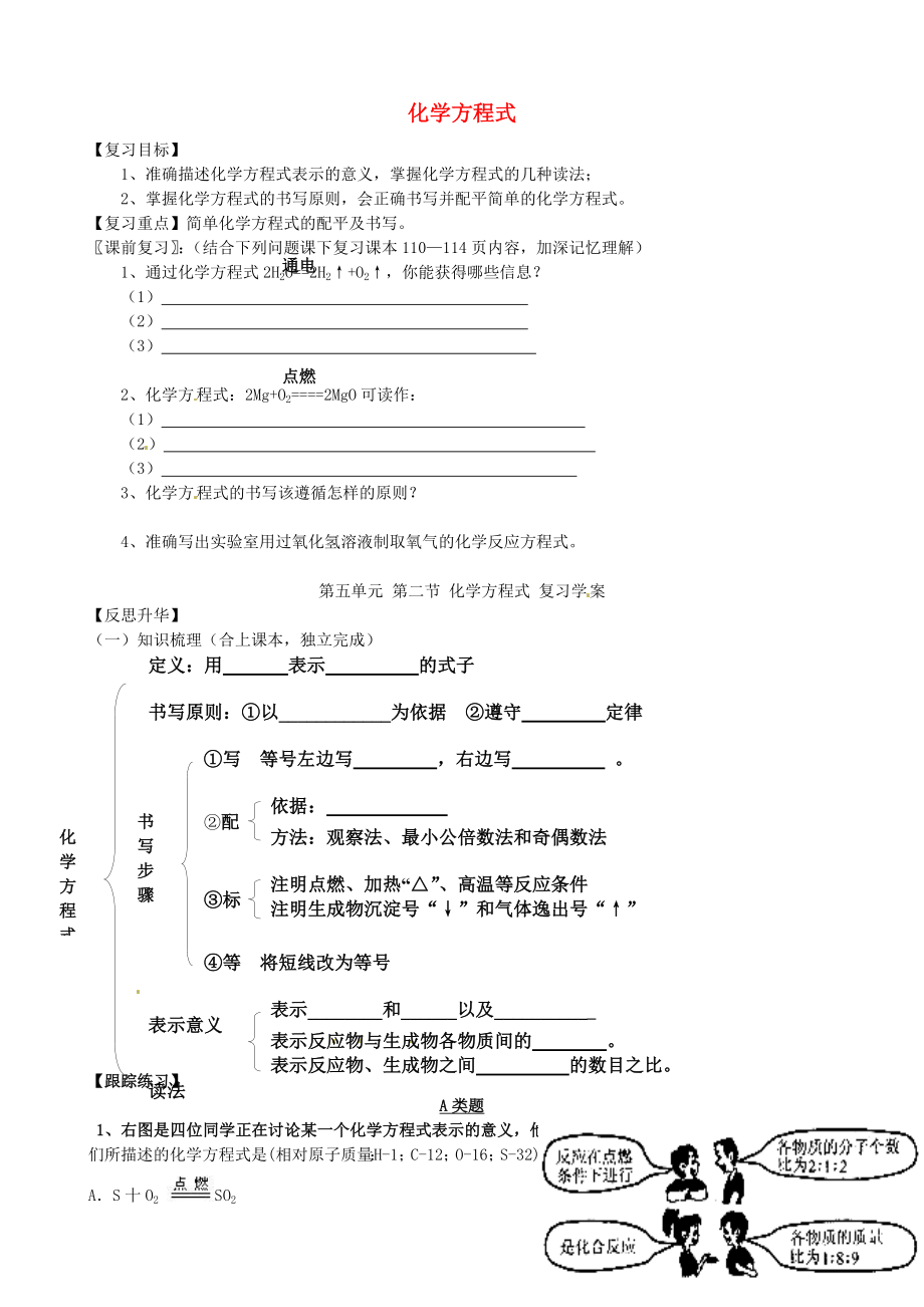 山東省沂源縣沂河源學(xué)校八年級(jí)化學(xué)全冊(cè) 第五單元《第二節(jié) 化學(xué)方程式》復(fù)習(xí)（無(wú)答案） 魯教版_第1頁(yè)