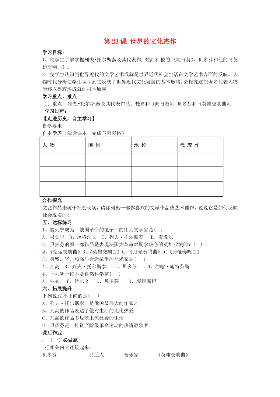 山東省肥城市王莊鎮(zhèn)初級中學九年級歷史上冊 第23課 世界的文化杰作導學案（無答案） 新人教版_第1頁