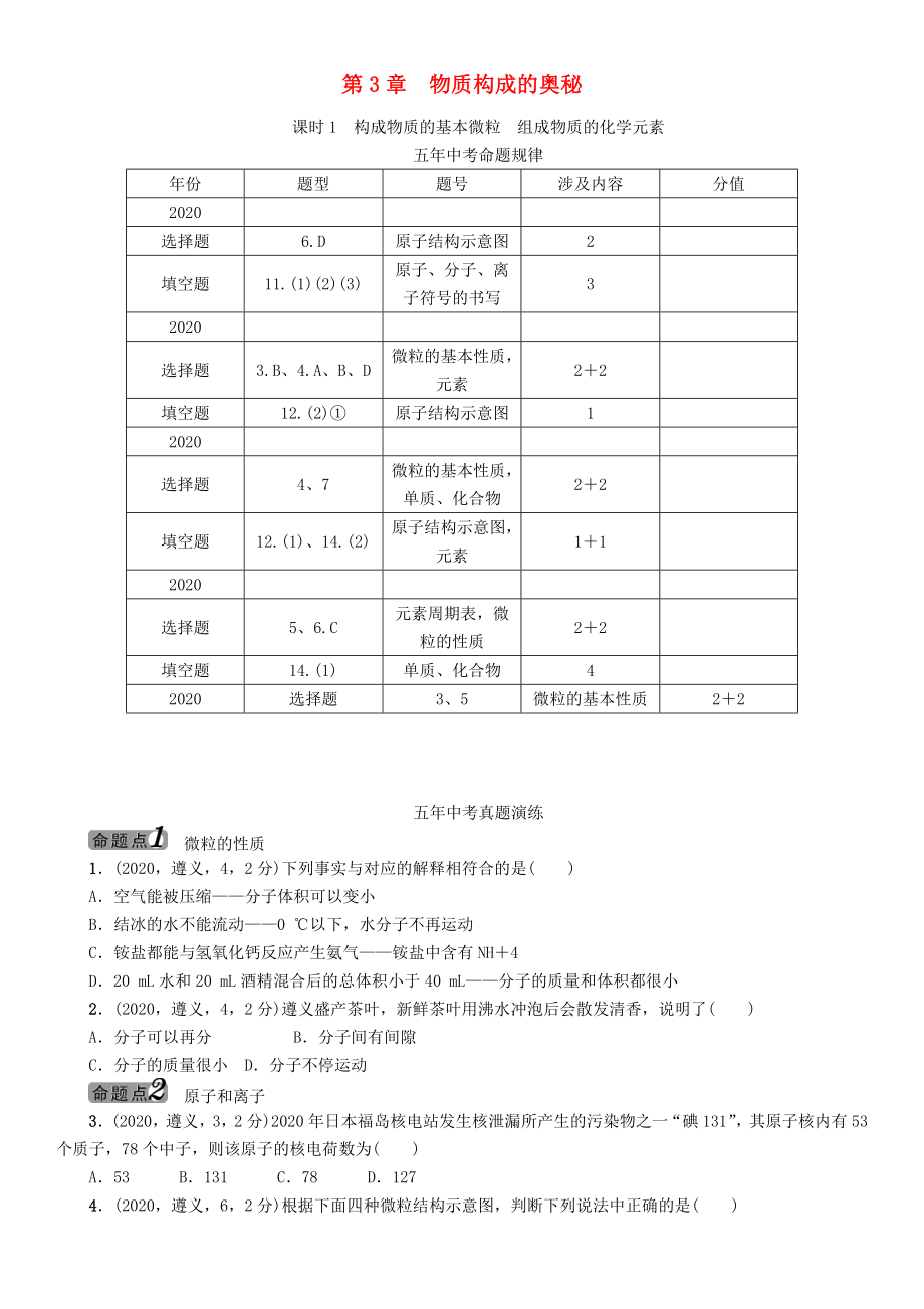 中考命題研究（遵義）2020中考化學(xué) 教材知識梳理 第3章 物質(zhì)構(gòu)成的奧秘 課時1 構(gòu)成物質(zhì)的基本微粒 組成物質(zhì)的化學(xué)元素（無答案）_第1頁