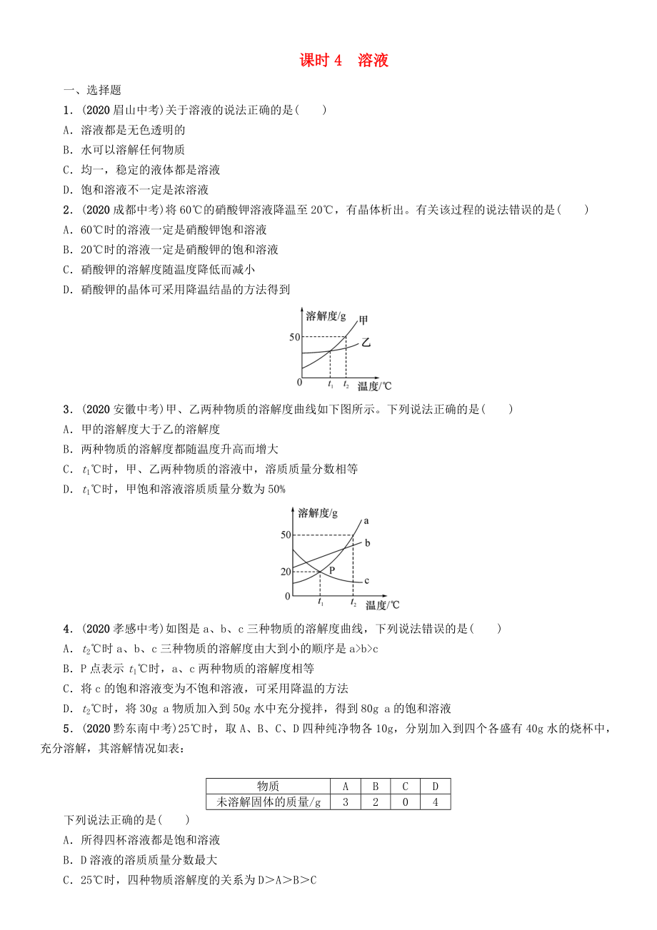 【中考命題研究】（貴陽專版）2020中考化學(xué) 課時(shí)精練 課時(shí)4 溶液（無答案）_第1頁