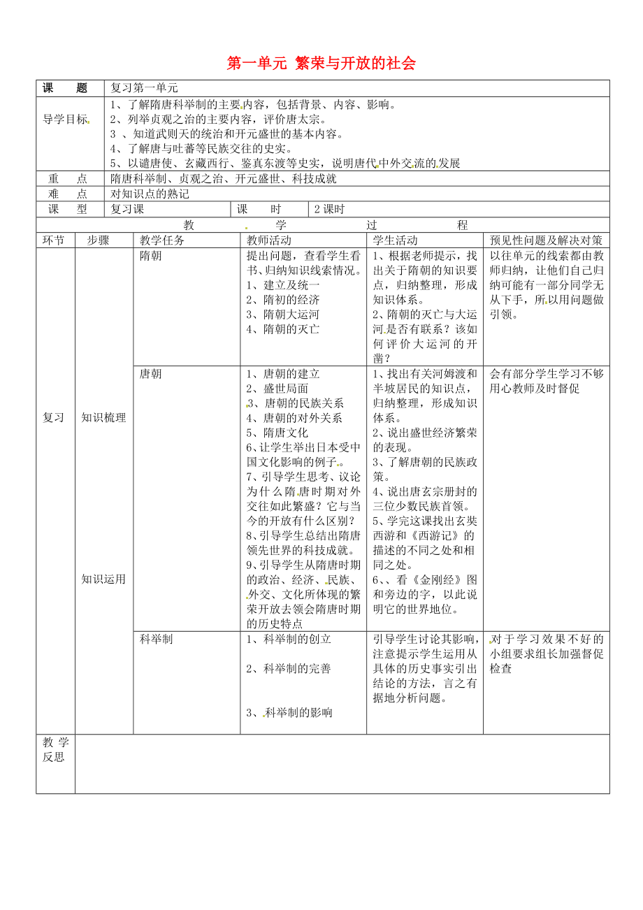 吉林省通化市外國(guó)語中學(xué)七年級(jí)歷史下冊(cè) 第一單元 繁榮與開放的社會(huì)復(fù)習(xí)導(dǎo)學(xué)案2（無答案） 新人教版_第1頁