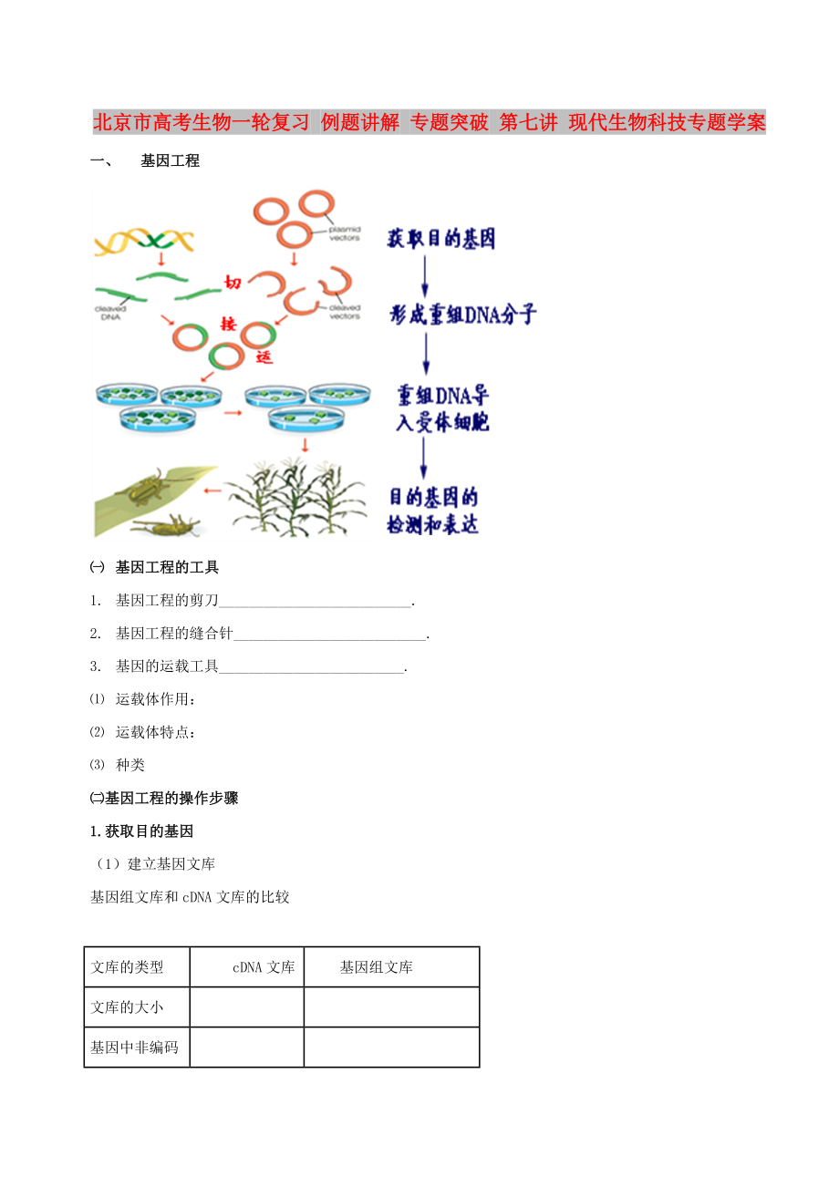 北京市高考生物一輪復(fù)習(xí) 例題講解 專題突破 第七講 現(xiàn)代生物科技專題學(xué)案_第1頁